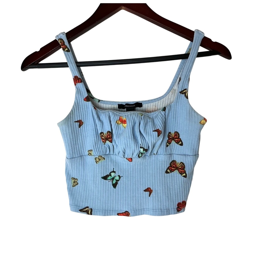 Forever 21‎ Blue Butterfly Print Ribbed Crop Top Tank Sleeveless Casual